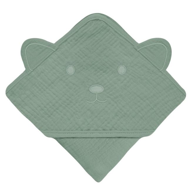 Prosop de baie, Lionelo, Cu gluga, Din muselina, 100% bumbac, 80x80 cm, Absorbtie eficienta, Verde BYNLO-MUSLIN_HOODED_TOWEL_GREEN_FOREST