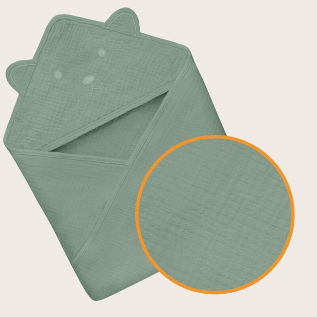 Prosop de baie, Lionelo, Cu gluga, Din muselina, 100% bumbac, 80x80 cm, Absorbtie eficienta, Verde BYNLO-MUSLIN_HOODED_TOWEL_GREEN_FOREST