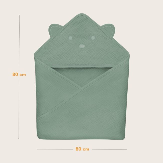 Prosop de baie, Lionelo, Cu gluga, Din muselina, 100% bumbac, 80x80 cm, Absorbtie eficienta, Verde BYNLO-MUSLIN_HOODED_TOWEL_GREEN_FOREST