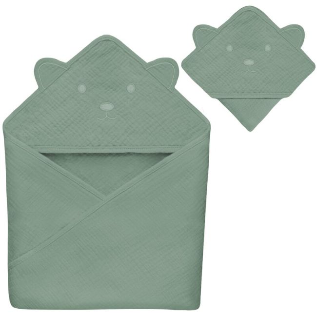 Prosop de baie, Lionelo, Cu gluga, Din muselina, 100% bumbac, 80x80 cm, Absorbtie eficienta, Verde BYNLO-MUSLIN_HOODED_TOWEL_GREEN_FOREST