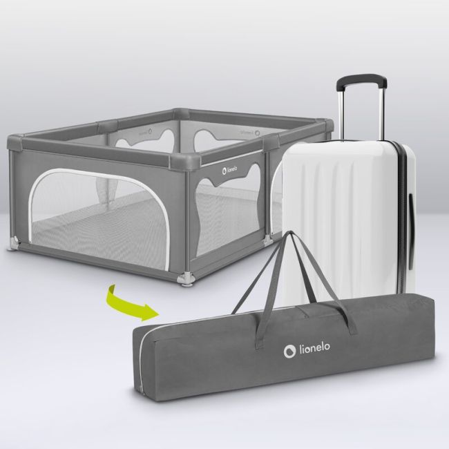 Tarc de joaca copii, Lionelo, Willow, 127 x 187 cm, Pliere compacta, Include geanta de transport, Din plasa, Cu doua intrari laterale si fermoar, Cu ventuze pentru stabilitate, Conform cu EN 12227:2010, Bej BYNLO-WILLOW_BEIGE_SAND