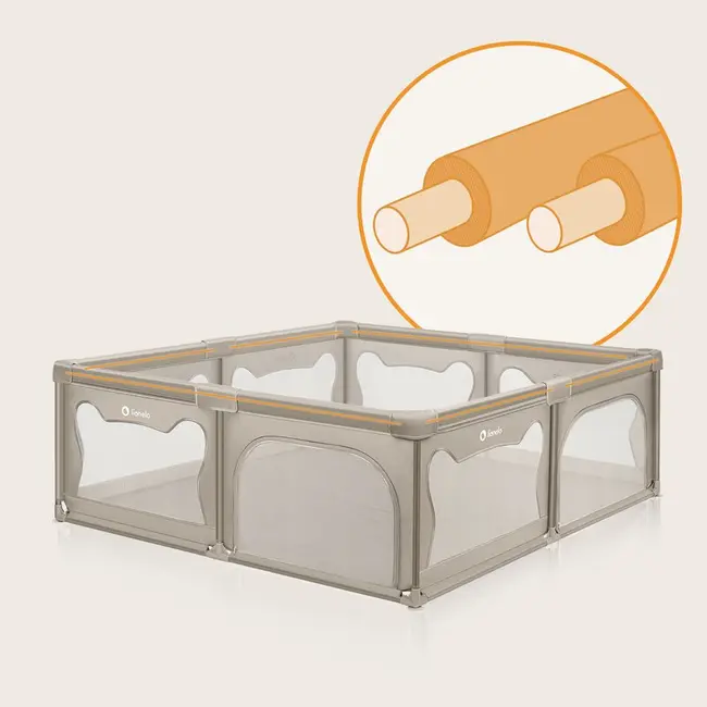 Tarc de joaca copii, Lionelo, Willow XL,180 x 200 cm, Pliere compacta, Include geanta de transport, Din plasa, Cu doua intrari laterale si fermoar, Cu ventuze pentru stabilitate, Conform cu EN 12227:2010, Bej BYNLO-WILLOW_XL_BEIGE_SAND