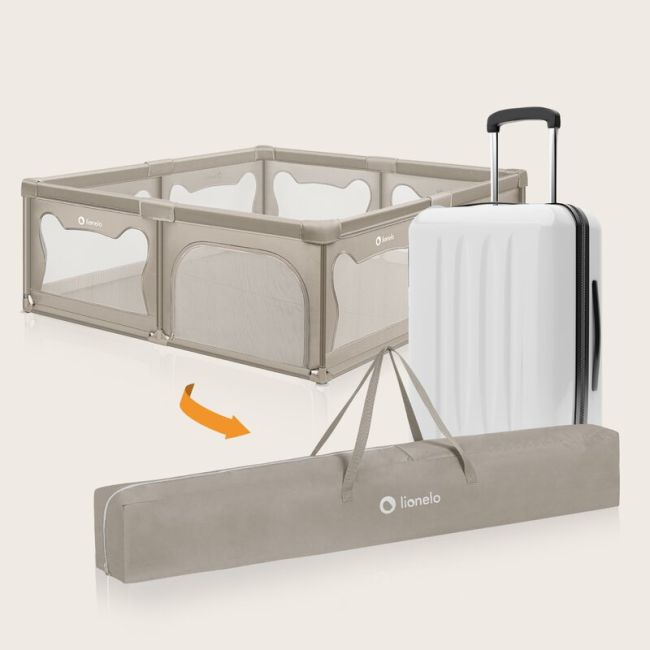 Tarc de joaca copii, Lionelo, Willow XL,180 x 200 cm, Pliere compacta, Include geanta de transport, Din plasa, Cu doua intrari laterale si fermoar, Cu ventuze pentru stabilitate, Conform cu EN 12227:2010, Bej BYNLO-WILLOW_XL_BEIGE_SAND