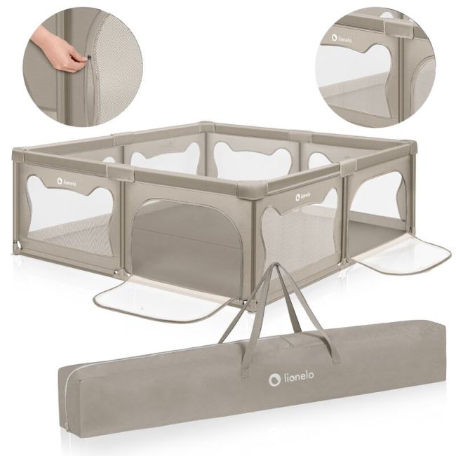 Tarc de joaca copii, Lionelo, Willow XL,180 x 200 cm, Pliere compacta, Include geanta de transport, Din plasa, Cu doua intrari laterale si fermoar, Cu ventuze pentru stabilitate, Conform cu EN 12227:2010, Bej BYNLO-WILLOW_XL_BEIGE_SAND