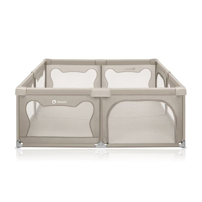 Tarc de joaca copii, Lionelo, Willow XL,180 x 200 cm, Pliere compacta, Include geanta de transport, Din plasa, Cu doua intrari laterale si fermoar, Cu ventuze pentru stabilitate, Conform cu EN 12227:2010, Bej BYNLO-WILLOW_XL_BEIGE_SAND