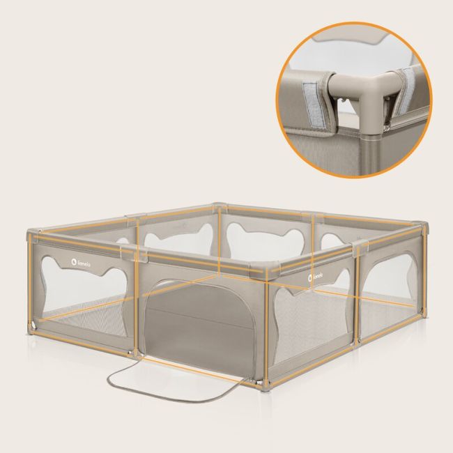 Tarc de joaca copii, Lionelo, Willow XL,180 x 200 cm, Pliere compacta, Include geanta de transport, Din plasa, Cu doua intrari laterale si fermoar, Cu ventuze pentru stabilitate, Conform cu EN 12227:2010, Bej BYNLO-WILLOW_XL_BEIGE_SAND