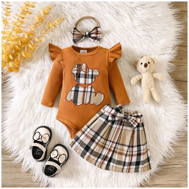 Costumas cu body maro si fustita in carouri - teddy mdhmm-352-r2