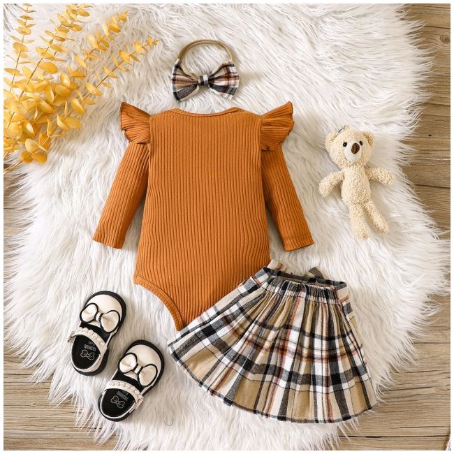 Costumas cu body maro si fustita in carouri - teddy mdhmm-352-r2