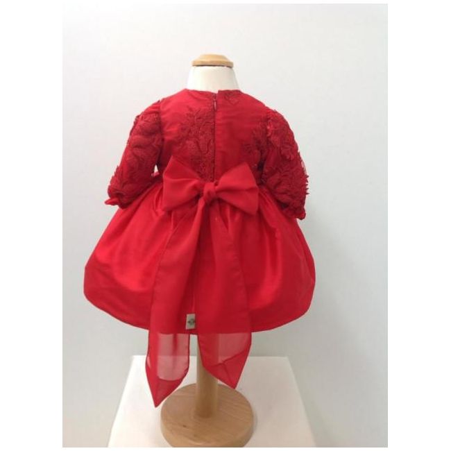 Rochita de matase cu broderie de bebeluse pentru botez Little red dress - SNB22