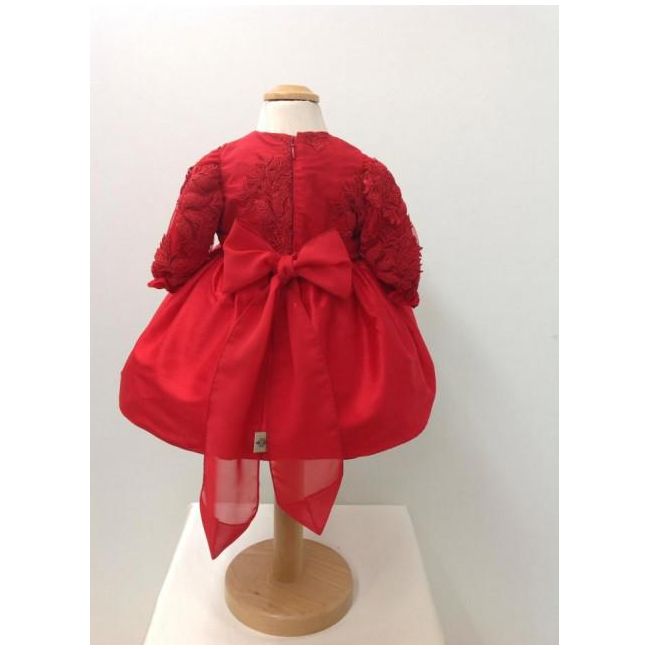Rochita de matase cu broderie de bebeluse pentru botez Little red dress - SNB22