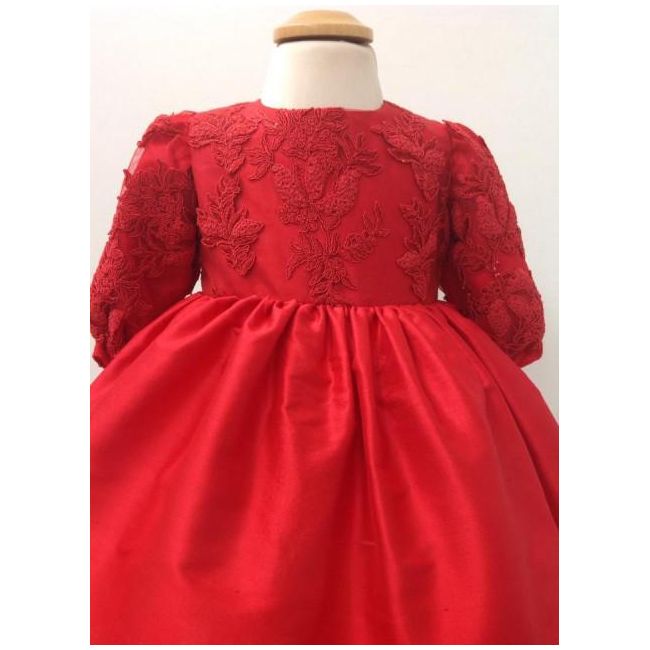Rochita de matase cu broderie de bebeluse pentru botez Little red dress - SNB22