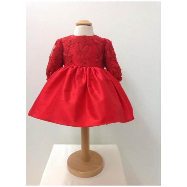 Rochita de matase cu broderie de bebeluse pentru botez Little red dress - SNB22