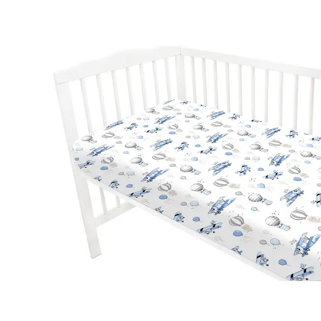 Cearceaf cu elastic, MimiNu, Pentru patut 120X60 cm, Din bumbac certificat Oeko Tex Standard 100, Blue Plane BYN6426972025546