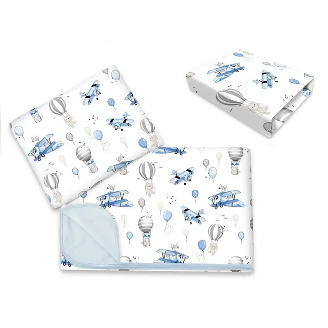 Lenjerie patut cu 3 piese, MimiNu, Cu cearceaf 120x60 cm, Din bumbac certificat Oeko Tex Standard 100, Cu paturica si pernuta, Blue Plane BYN6426972025652