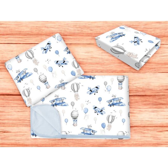 Lenjerie patut cu 3 piese, MimiNu, Cu cearceaf 120x60 cm, Din bumbac certificat Oeko Tex Standard 100, Cu paturica si pernuta, Blue Plane BYN6426972025652