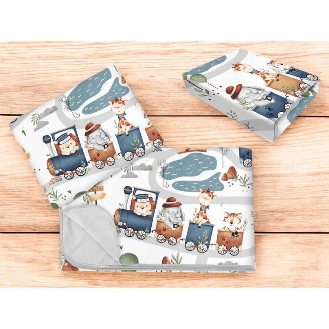 Lenjerie patut cu 3 piese, MimiNu, Cu cearceaf 120x60 cm, Din bumbac certificat Oeko Tex Standard 100, Cu paturica si pernuta, Design, Zoo in train BYN6426972025928
