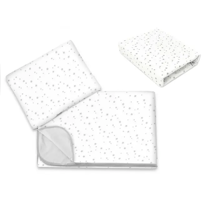 Lenjerie patut cu 3 piese, MimiNu, Cu cearceaf 120x60 cm, Din bumbac certificat Oeko Tex Standard 100, Cu paturica si pernuta, Mini Gray Stars BYN6426972025836