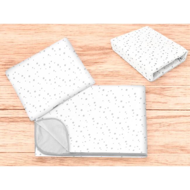 Lenjerie patut cu 3 piese, MimiNu, Cu cearceaf 120x60 cm, Din bumbac certificat Oeko Tex Standard 100, Cu paturica si pernuta, Mini Gray Stars BYN6426972025836