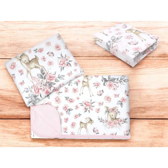 Lenjerie patut cu 3 piese, MimiNu, Cu cearceaf 120x60 cm, Din bumbac certificat Oeko Tex Standard 100, Cu paturica si pernuta, Sweet Deer Pink BYN6426972025881
