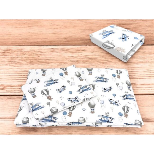 Lenjerie patut cu 3 piese, MimiNu, Cu cearceaf 120x60 cm, Pilota, Pernuta, Din bumbac certificat Oeko Tex Standard 100, Blue Plane BYN6426972026307