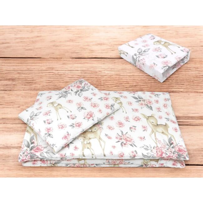 Lenjerie patut cu 3 piese, MimiNu, Cu cearceaf 120x60 cm, Pilota, Pernuta, Din bumbac certificat Oeko Tex Standard 100, Sweet Deer Pink BYN6426972026321