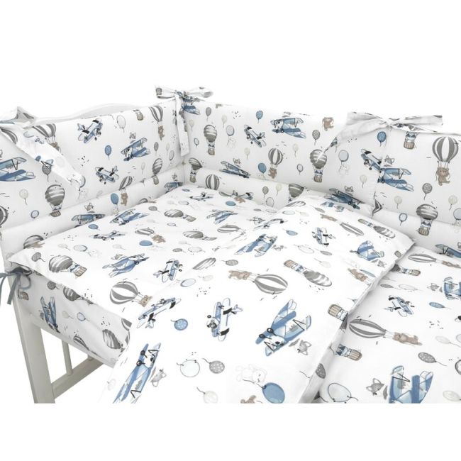 Lenjerie patut cu 3 piese, MimiNu, Pentru patut 120x60 cm, Cu protectie laterala, Din bumbac certificat Oeko Tex Standard 100, Blue Plane BYN6426972025591