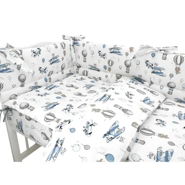 Lenjerie patut cu 3 piese, MimiNu, Pentru patut 120x60 cm, Cu protectie laterala, Din bumbac certificat Oeko Tex Standard 100, Blue Plane BYN6426972025591