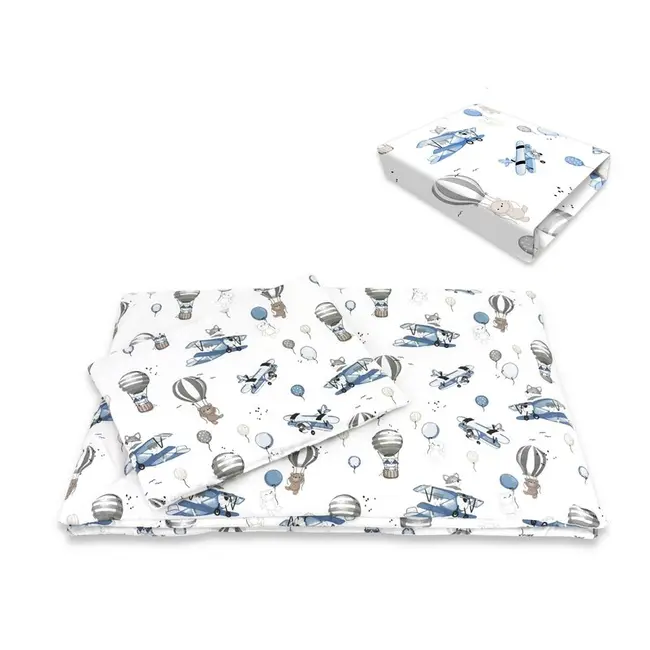 Lenjerie patut cu 5 piese, MimiNu, Cu cearceaf 120x60 cm, Pilota, Pernuta, 2 aparatori, Din bumbac certificat Oeko Tex Standard 100, Blue Plane BYN6426972026161