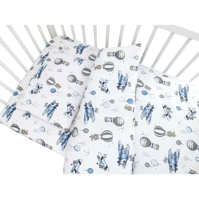 Lenjerie patut cu 5 piese, MimiNu, Cu cearceaf 120x60 cm, Pilota, Pernuta, 2 aparatori, Din bumbac certificat Oeko Tex Standard 100, Blue Plane BYN6426972026161