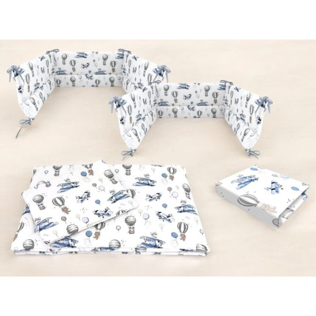 Lenjerie patut cu 5 piese, MimiNu, Cu cearceaf 120x60 cm, Pilota, Pernuta, 2 aparatori, Din bumbac certificat Oeko Tex Standard 100, Blue Plane BYN6426972026161