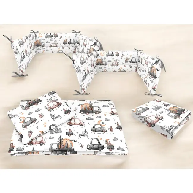 Lenjerie patut cu 5 piese, MimiNu, Cu cearceaf 120x60 cm, Pilota, Pernuta, 2 aparatori, Din bumbac certificat Oeko Tex Standard 100, Cars Grey BYN6426972026277