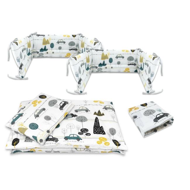 Lenjerie patut cu 5 piese, MimiNu, Cu cearceaf 120x60 cm, Pilota, Pernuta, 2 aparatori, Din bumbac certificat Oeko Tex Standard 100, Childrens Journey Grey BYN6426972026253