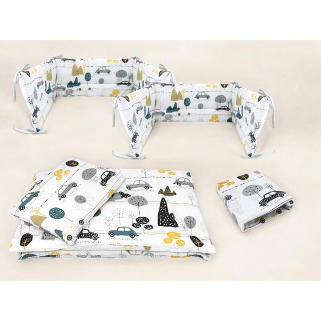 Lenjerie patut cu 5 piese, MimiNu, Cu cearceaf 120x60 cm, Pilota, Pernuta, 2 aparatori, Din bumbac certificat Oeko Tex Standard 100, Childrens Journey Grey BYN6426972026253