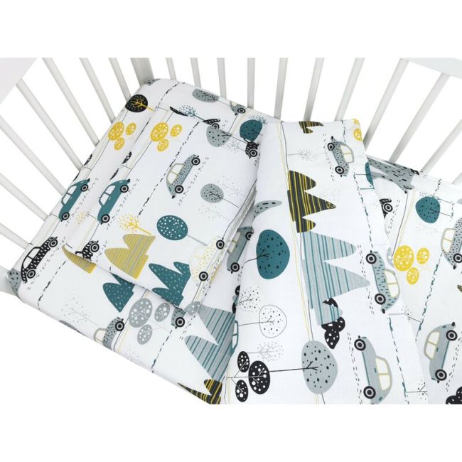 Lenjerie patut cu 5 piese, MimiNu, Cu cearceaf 120x60 cm, Pilota, Pernuta, 2 aparatori, Din bumbac certificat Oeko Tex Standard 100, Childrens Journey Grey BYN6426972026253