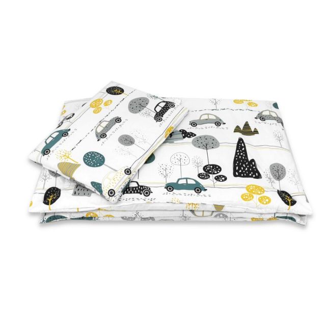 Lenjerie patut cu 5 piese, MimiNu, Cu cearceaf 120x60 cm, Pilota, Pernuta, 2 aparatori, Din bumbac certificat Oeko Tex Standard 100, Childrens Journey Grey BYN6426972026253