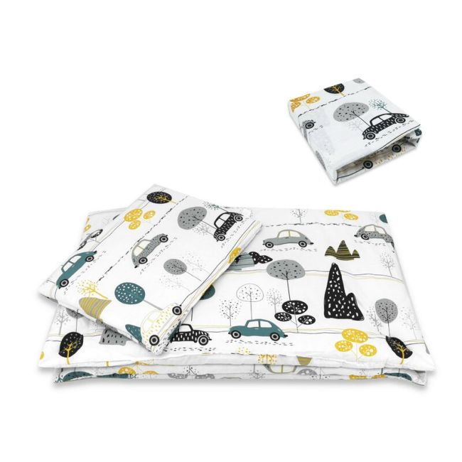 Lenjerie patut cu 5 piese, MimiNu, Cu cearceaf 120x60 cm, Pilota, Pernuta, 2 aparatori, Din bumbac certificat Oeko Tex Standard 100, Childrens Journey Grey BYN6426972026253