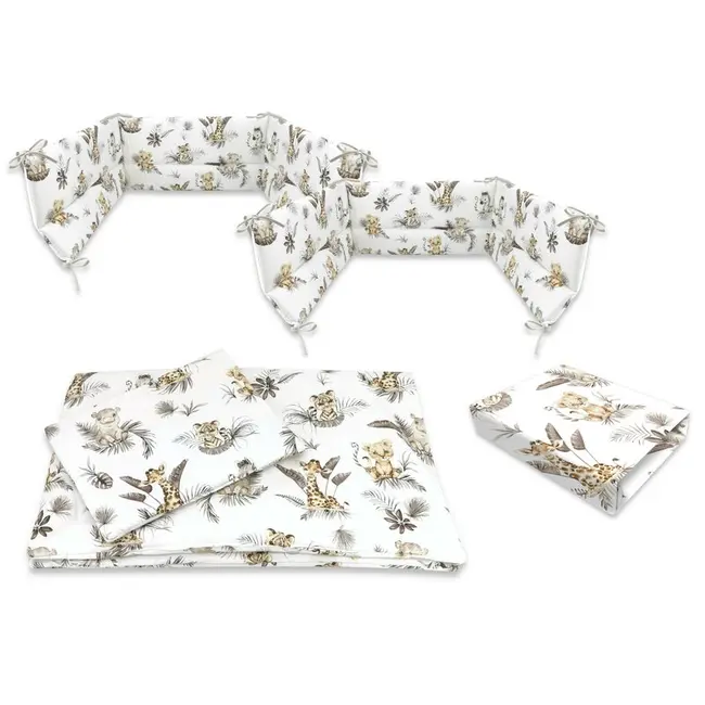 Lenjerie patut cu 5 piese, MimiNu, Cu cearceaf 120x60 cm, Pilota, Pernuta, 2 aparatori, Din bumbac certificat Oeko Tex Standard 100, Savanna BYN6426972026185