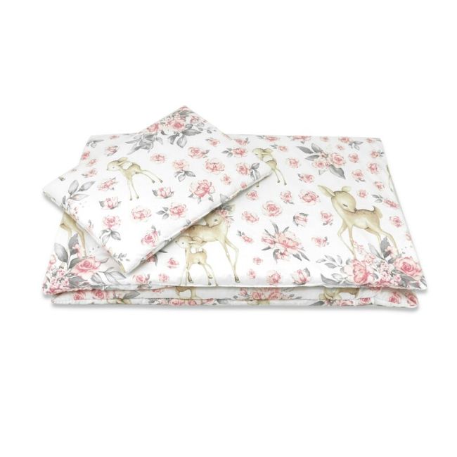Lenjerie patut cu 5 piese, MimiNu, Cu cearceaf 120x60 cm, Pilota, Pernuta, 2 aparatori, Din bumbac certificat Oeko Tex Standard 100, Sweet Deer Pink BYN6426972026260