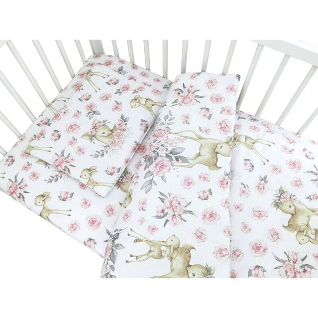 Lenjerie patut cu 5 piese, MimiNu, Cu cearceaf 120x60 cm, Pilota, Pernuta, 2 aparatori, Din bumbac certificat Oeko Tex Standard 100, Sweet Deer Pink BYN6426972026260