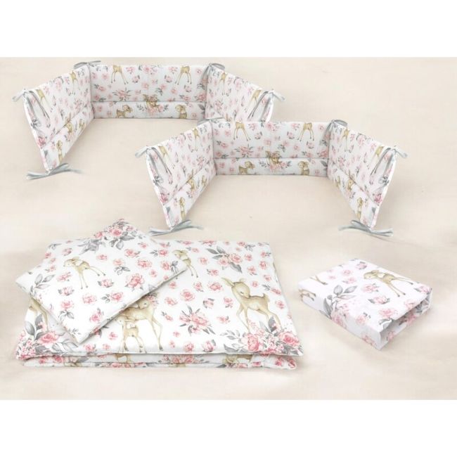 Lenjerie patut cu 5 piese, MimiNu, Cu cearceaf 120x60 cm, Pilota, Pernuta, 2 aparatori, Din bumbac certificat Oeko Tex Standard 100, Sweet Deer Pink BYN6426972026260