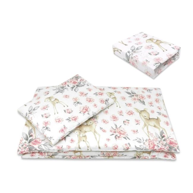 Lenjerie patut cu 5 piese, MimiNu, Cu cearceaf 120x60 cm, Pilota, Pernuta, 2 aparatori, Din bumbac certificat Oeko Tex Standard 100, Sweet Deer Pink BYN6426972026260