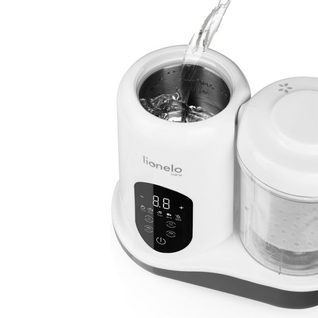 Aparat de gatit, Lionelo, BabyMenu, 5 in 1, Cu functii de gatire la abur, dezghetare, amestecare, incalzire si sterilizare, Cu recipient din tritan, Include meniu cu retete, Personalizare setari, Alb BYNLOC-BABYMENU