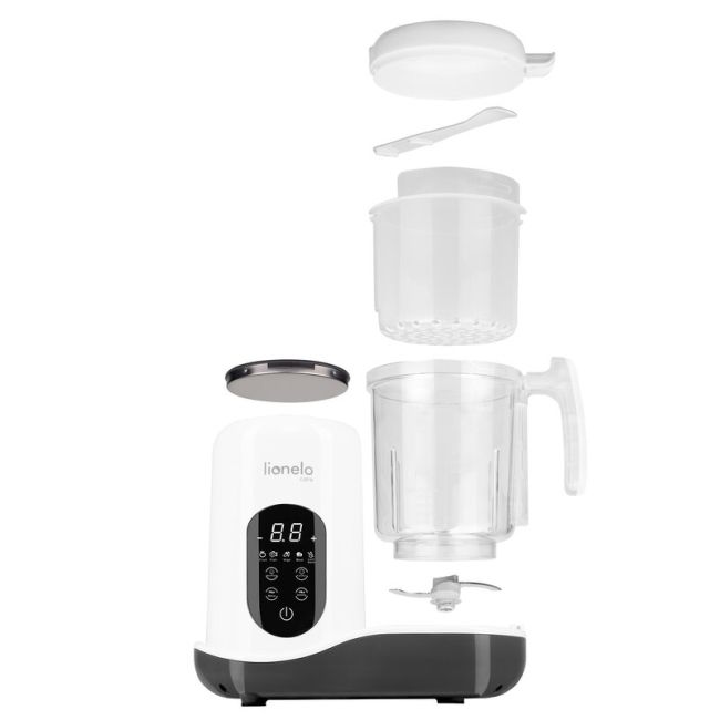 Aparat de gatit, Lionelo, BabyMenu, 5 in 1, Cu functii de gatire la abur, dezghetare, amestecare, incalzire si sterilizare, Cu recipient din tritan, Include meniu cu retete, Personalizare setari, Alb BYNLOC-BABYMENU