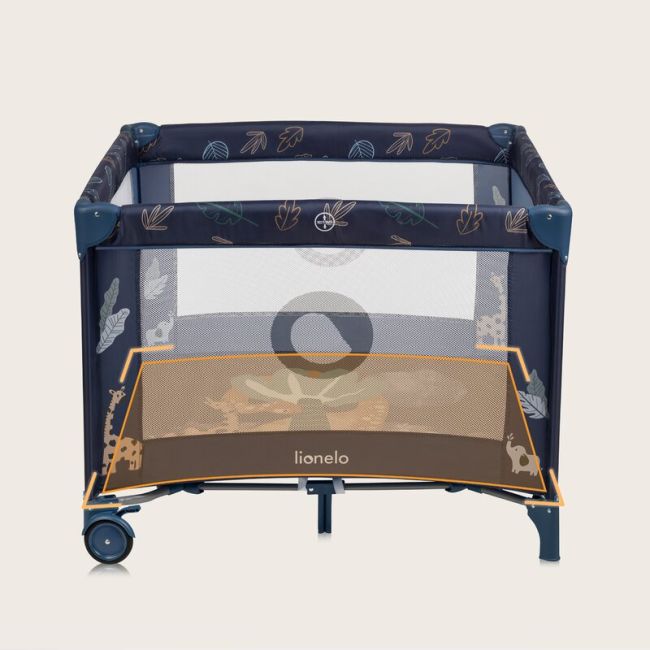 Tarc de joaca copii, Lionelo, Bonnie, Pana la 15 kg, 100 x 100 cm, Pliere compacta, Include geanta de transport, Din plasa, Cu intrare laterala cu fermoar, Cu roti, Cu salteluta din spuma, Conform cu EN12227, Albastru BYNLO-BONNIE_BLUE_NAVY