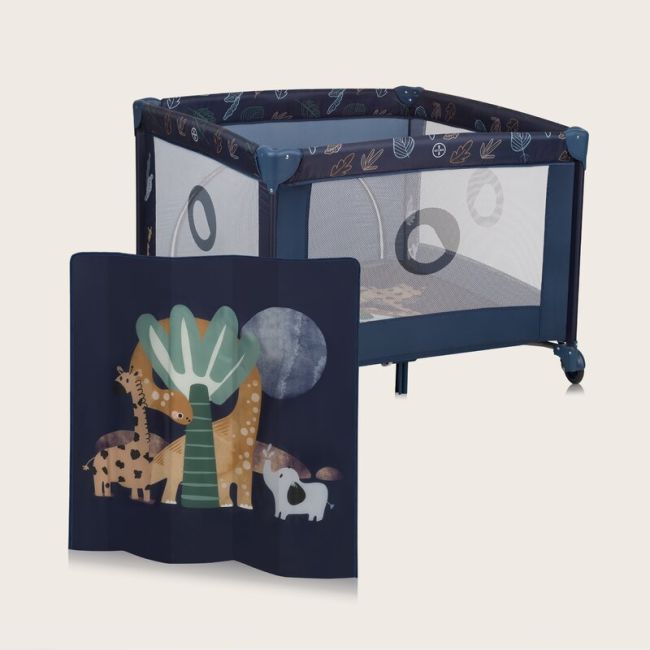 Tarc de joaca copii, Lionelo, Bonnie, Pana la 15 kg, 100 x 100 cm, Pliere compacta, Include geanta de transport, Din plasa, Cu intrare laterala cu fermoar, Cu roti, Cu salteluta din spuma, Conform cu EN12227, Albastru BYNLO-BONNIE_BLUE_NAVY