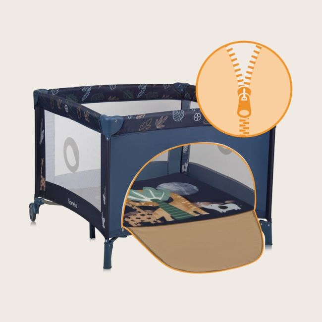 Tarc de joaca copii, Lionelo, Bonnie, Pana la 15 kg, 100 x 100 cm, Pliere compacta, Include geanta de transport, Din plasa, Cu intrare laterala cu fermoar, Cu roti, Cu salteluta din spuma, Conform cu EN12227, Albastru BYNLO-BONNIE_BLUE_NAVY