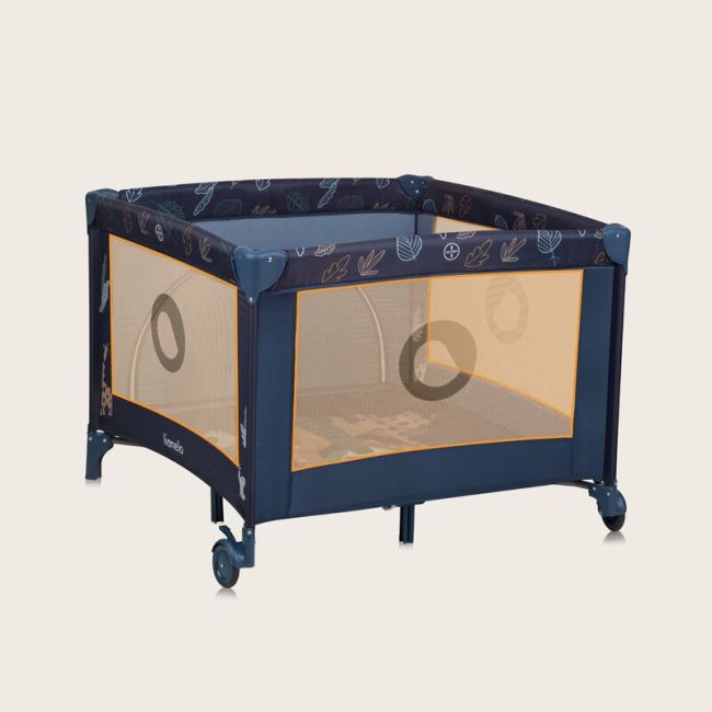 Tarc de joaca copii, Lionelo, Bonnie, Pana la 15 kg, 100 x 100 cm, Pliere compacta, Include geanta de transport, Din plasa, Cu intrare laterala cu fermoar, Cu roti, Cu salteluta din spuma, Conform cu EN12227, Albastru BYNLO-BONNIE_BLUE_NAVY