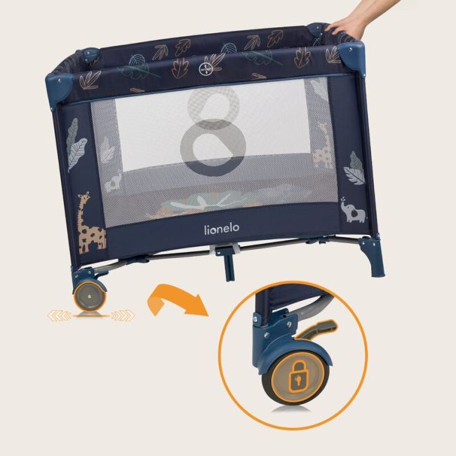 Tarc de joaca copii, Lionelo, Bonnie, Pana la 15 kg, 100 x 100 cm, Pliere compacta, Include geanta de transport, Din plasa, Cu intrare laterala cu fermoar, Cu roti, Cu salteluta din spuma, Conform cu EN12227, Albastru BYNLO-BONNIE_BLUE_NAVY