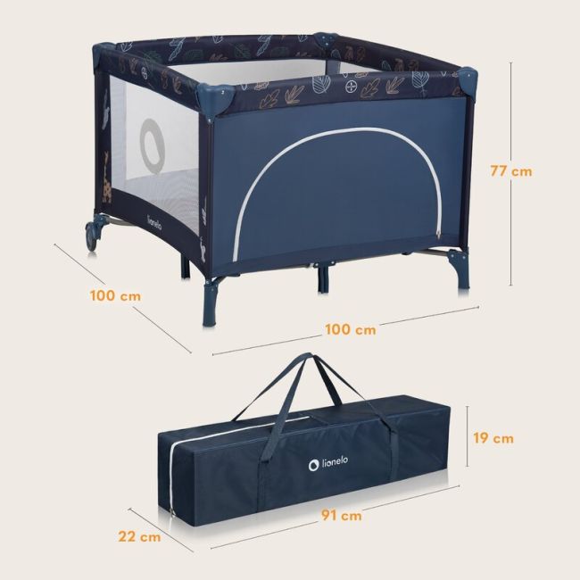 Tarc de joaca copii, Lionelo, Bonnie, Pana la 15 kg, 100 x 100 cm, Pliere compacta, Include geanta de transport, Din plasa, Cu intrare laterala cu fermoar, Cu roti, Cu salteluta din spuma, Conform cu EN12227, Albastru BYNLO-BONNIE_BLUE_NAVY