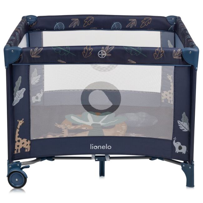 Tarc de joaca copii, Lionelo, Bonnie, Pana la 15 kg, 100 x 100 cm, Pliere compacta, Include geanta de transport, Din plasa, Cu intrare laterala cu fermoar, Cu roti, Cu salteluta din spuma, Conform cu EN12227, Albastru BYNLO-BONNIE_BLUE_NAVY